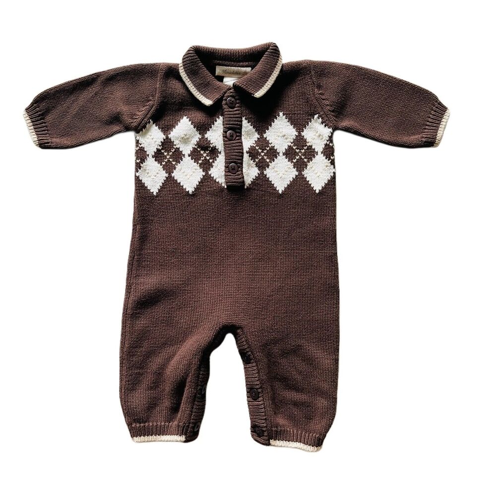 Miniclasix Knitted Diamond Pattern Sweater Romper Size 3 months